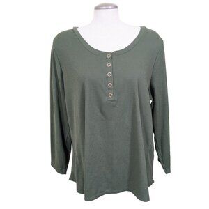 In Every Story Womens 2X Waffle Knit Henley T-Shirt Top Olive Green Long Sleeve